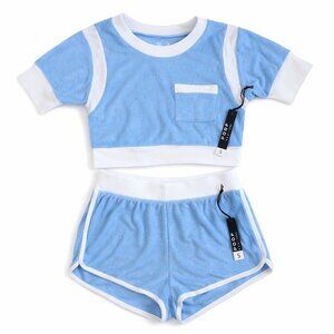 Poof NY Blue Terry Cloth Crop Top Shorts Set XS S Y2K Lounge Summer NWT
